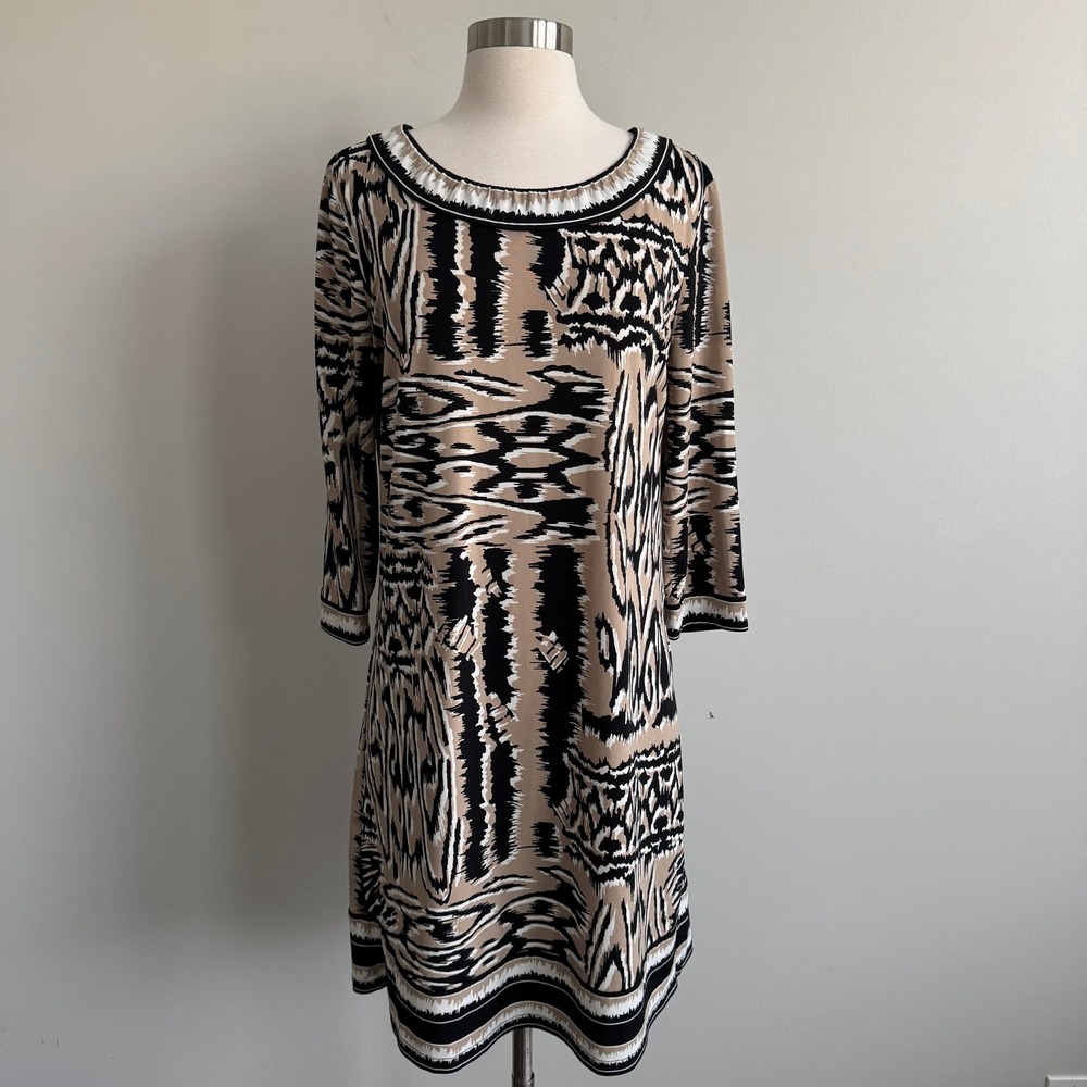 BCBGMaxazria Abstract Tribal Print Shift Dress Tan Black 3/4 Sleeve M - Picture 1 of 7